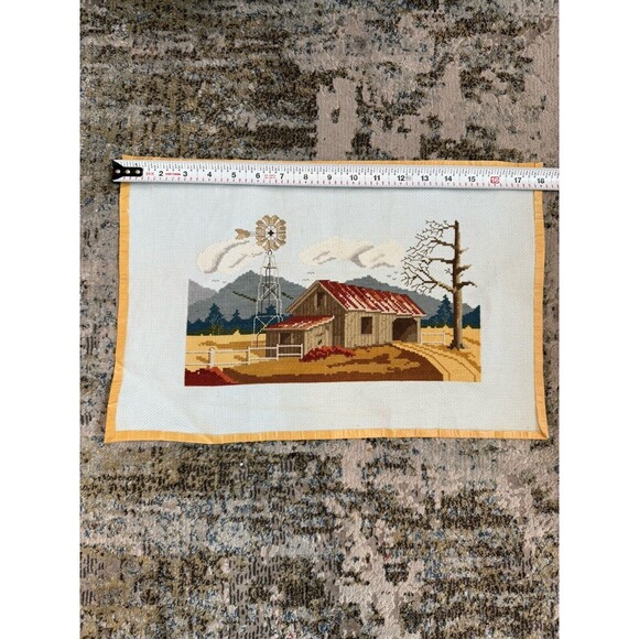 Vintage Large Embroidery Needlepoint 18x12 Crewel Yarn Art Barn And Windmill - Picture 4 of 5